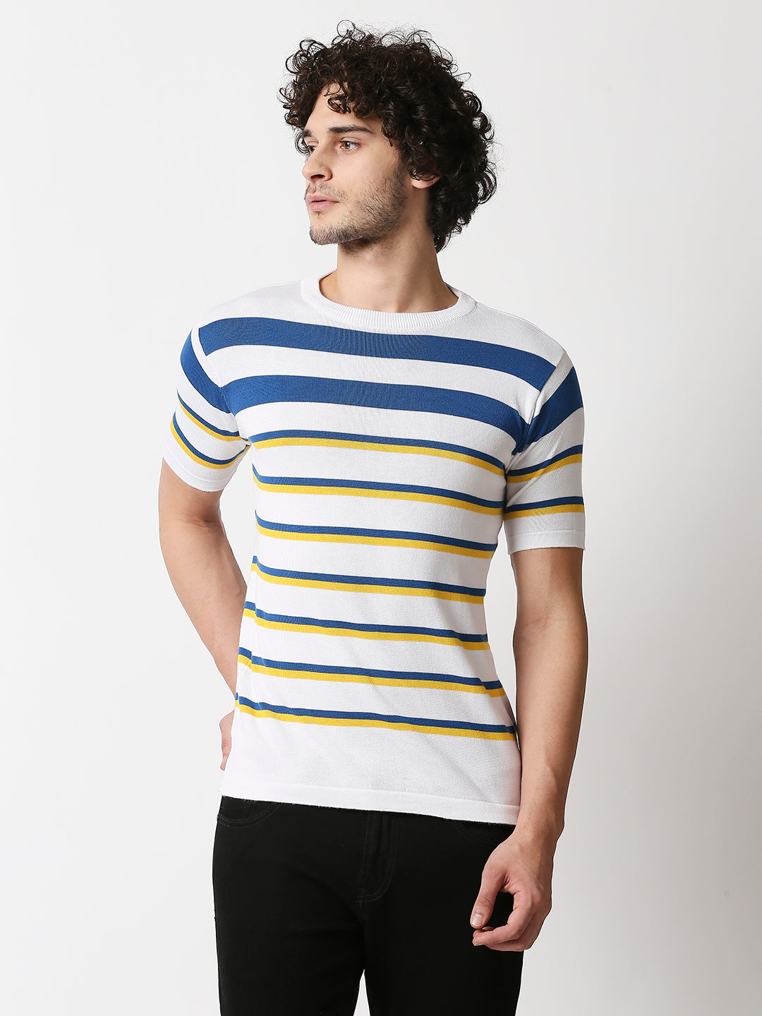 Shop Men's Blue, Yellow & White Strips Flat knit Slim Fit T-shirt ...
