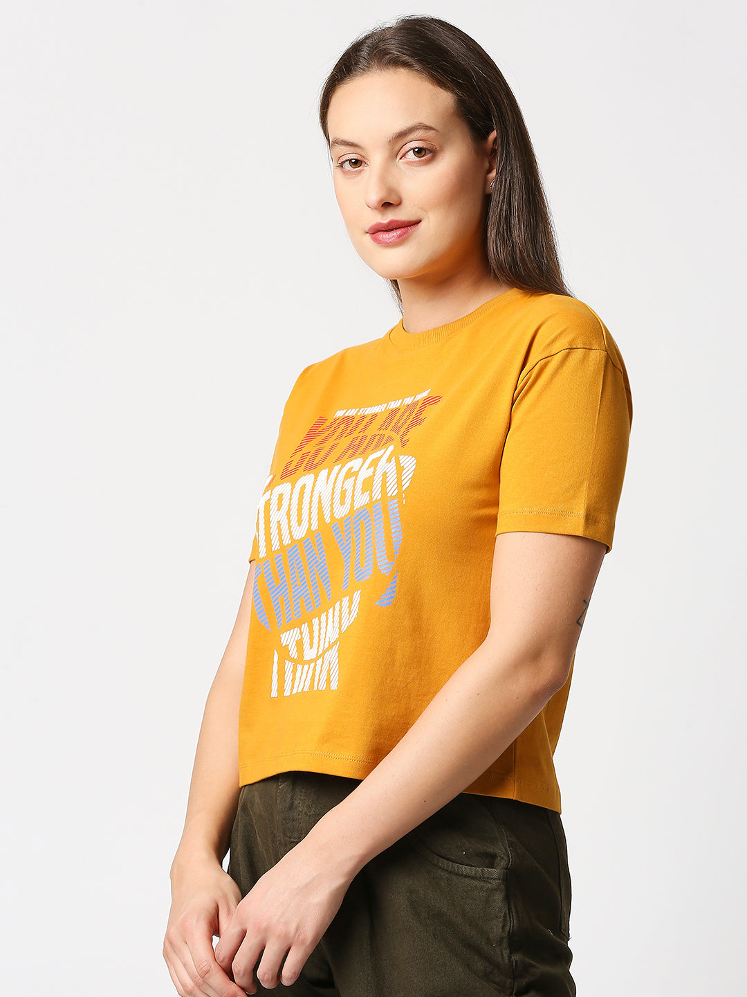 Buy Blamblack Women's Short Chest print Mustard Yellow T-shirt